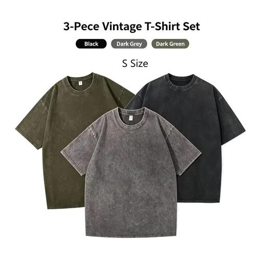3 Pack Thick Washed Vintage Cotton T‑Shirt Bundle Unisex Wardrobe Set Nice Christmas Gifting Option Black Dark Grey Army Green Size S