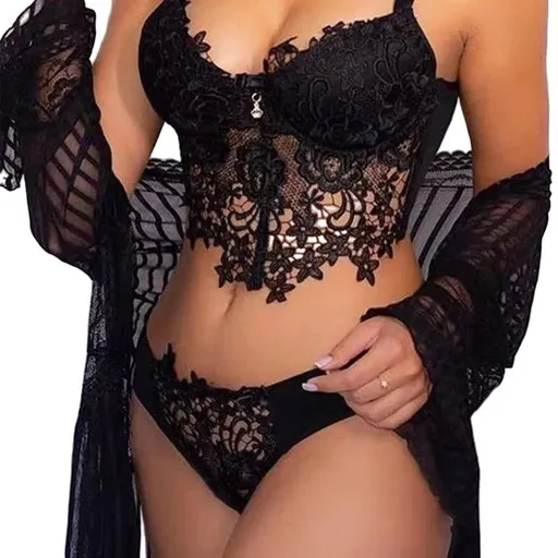 House Of Dasein Cross-Border Sexy Lingerie Seductive Three-Piece Transparent Backless Lace Trim Tempting Sleepwear Two-Piece Set - Black - Xl