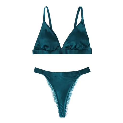 House Of Dasein French Style Ultra Thin Solid Color Lace Underwear Triangle Cup Wire Free Bra Erotic Two Piece Set - Peacock Green - M