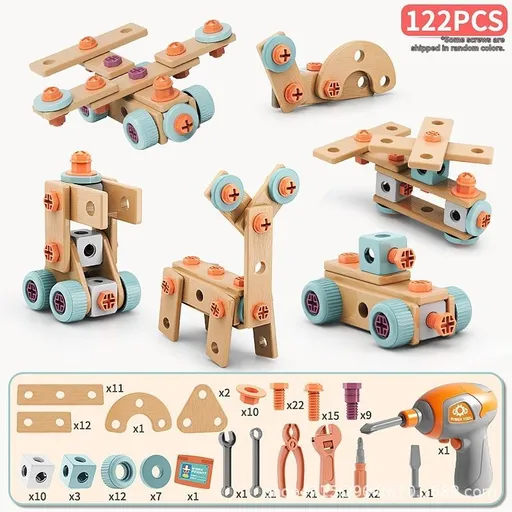 DIY assembly toy, wooden building set, electric drill toy for kids, educational construction toy, creative puzzle set, children's tool kit, Australian toy, hand-eye coordination toy - Multi - Size 122pcs