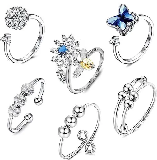 6-Pack Adjustable Antistress Ring with Rotating Beads, Silver