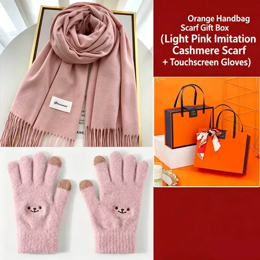Scarf and Gloves Gift Set Cashmere-Like Touchscreen Gloves Pink Solid Color Tassel Winter Wear