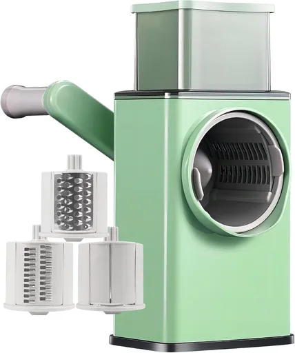 Rotating Cheese Grater with 3 Blades & Collection Tray - Multifunctional Cheese Grater - Includes Suction Cup for Stable Use - For Cheese, Vegetables & Nuts