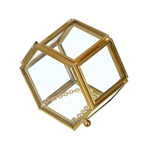 Vintage Glass Jewelry Box - Hexagon Gold Glass Box Keepsake Box for Storage Ring Earring Trinket, Jewelry Organizer