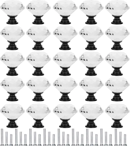 25 Pack Drawer Knobs Diamond Shaped Crystal Glass 30mm Cabinet Knobs Pull Handles (30mm, 25 Pack, Black)