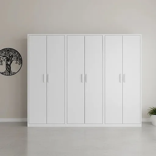 240x200cm 6-Door White Steel 2 Hanging and 1 Shelf Wardrobe with White Handle Storage Cabinet