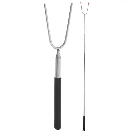 Telescopic Campfire Roasting Fork, Double Prongs, Stainless Steel, Rotating Handle, for Camping, Picnics and Outdoor Cooking, Black