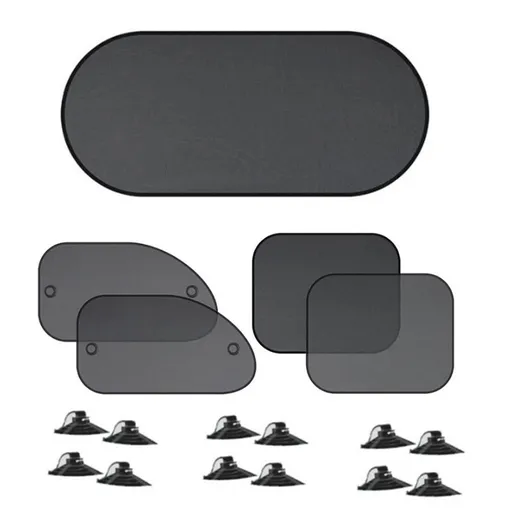 Black Universal Car Window Sun Shade Set - Mesh Fabric UV Protection(One solid rear baffle + two perforated angled baffles + two solid side baffles)