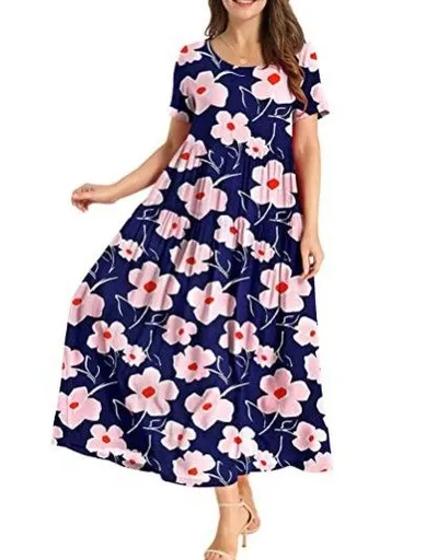 Women Floral Long Dress Short Sleeve Polyester Picture color 15 XS