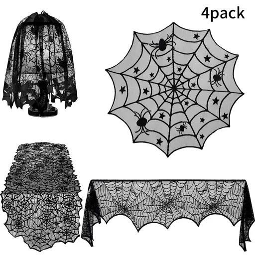 4PCS Halloween Tablecloth Bat Spider Webst Lace Cloth and Lamps Cover Halloween Decoration