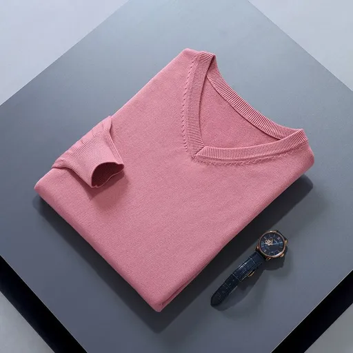 Men V Neck Pullover Knitwear Loose Long Sleeve Leather pink