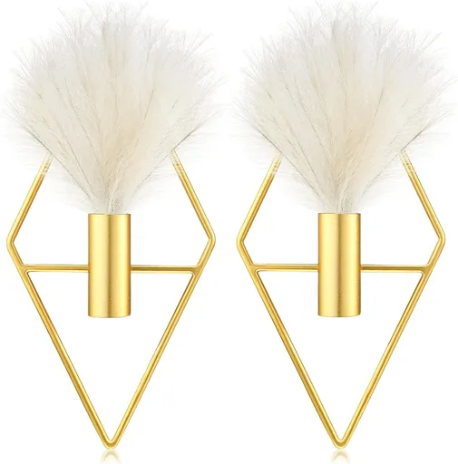 2 Pcs Boho Wall Decor Metal Gold Wall Art Hanging Planters with Artificial Pampas Modern Home Decor Display Art for Living Room Bedroom Bathroom(Rhombus)