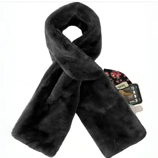 Black Soft Faux Fur Scarf with 15x20CM Hidden Zipper Pocket - Anti-Theft Travel Scarf for Phone, Passport and Essentials