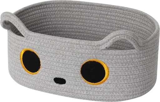 Cat Toy Basket, Small Woven Cat Toy Storage Box with Cute Ears Handle Indoor, Cotton Rope Storage Bin with Embroidered Face for Home Decor, Pet Bed, Baby Nursery Kids Room Organization - Gray - Size 13in*9in