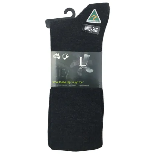 AUSTRALIAN MADE Wool Loose Top Socks Wide Top Comfort High Quality Tough Toe - Charcoal - 6-10