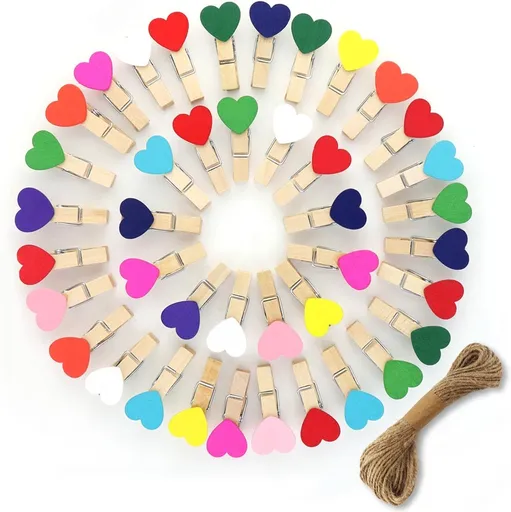 80 Pieces Wooden Heart Clothespins Mini Photo Clips Colorful Small Clothes Pins for Crafts Picture Paper Hanging Natural with Jute Twine Wedding Party Photos Display Color Type a
