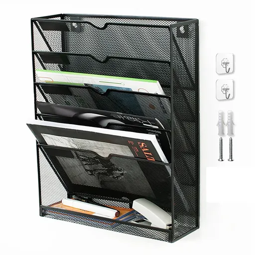 5 Tier Wall File Organizer Vertical Placement Glossy Edges Wall Mount File Holder with Hanging Hole for Office Black