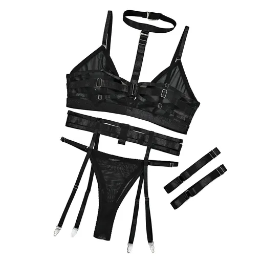 House Of Dasein Hot Selling Sexy Lingerie Three Piece Set Halter Motorcycle Gathered And Shaping Leg Straps For Women - Black - L