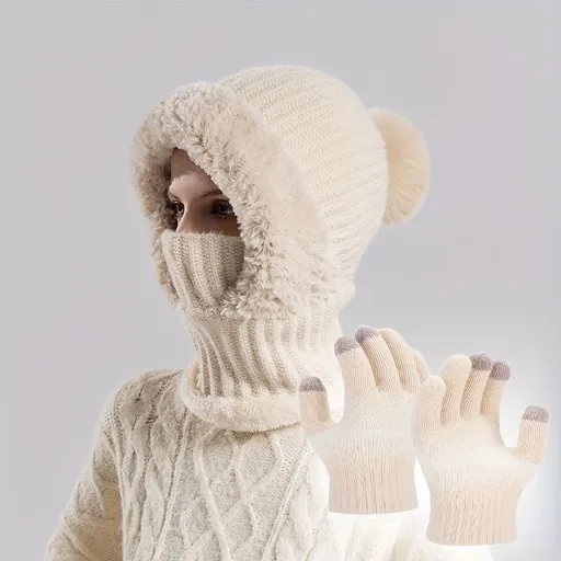 Women'S Winter Accessories Knit Hat Scarf Touch-Screen Gloves Winter Set Trendy - Black - Size L