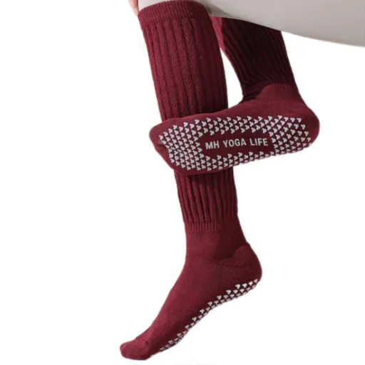 Women's Cotton Crew Grip Socks Non Slip Pilates Yoga Fitness Workout Dance Gym Socks - Red