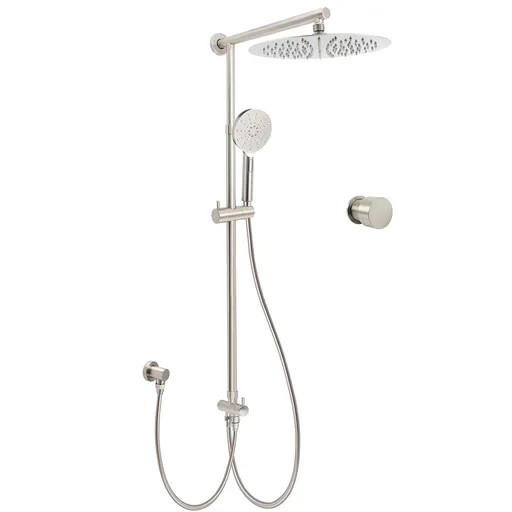 Brushed Nickel 12" Large Rain Head Twin Shower Handheld Sliding Rail Arm Set With Mixer