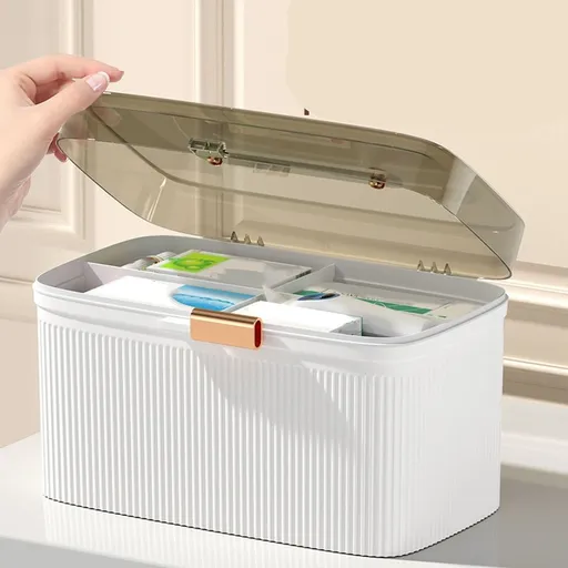 Household Medicine Box First Aid Case, Security Lock Transparent Durable Medicine Box for Outdoor Sports for School White