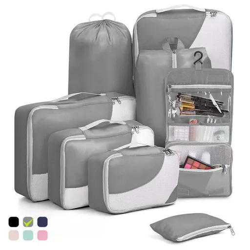 8-Piece Suitcase Organizer Set with Packing Cubes and Shoe Bags, Gray
