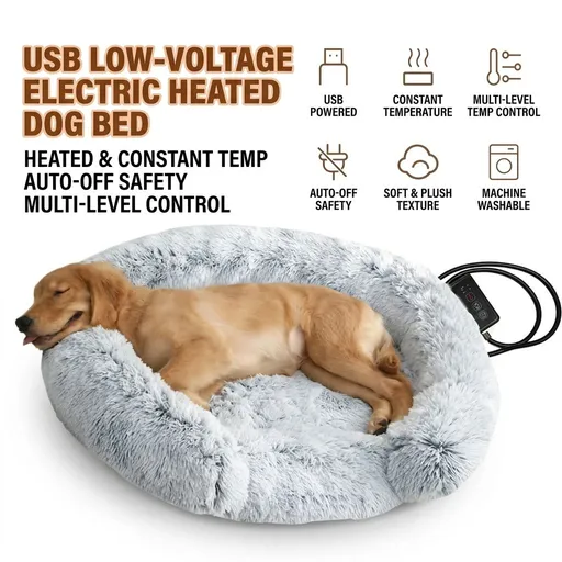 USB-Powered Heated Round Pet Bed with Removable Washable Cover, 5-Level Temperature and Timer Control, Cozy Plush Warming Nest for Small Dogs and Cats Indoor Winter Use (Grey, 50cm)