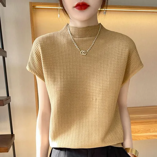wu Thin Short Sleeve Plaid Knitted Top Yellow Camel XL Size: XL; Height (cm): 170-175; Weight (kg): 60-65; Bust (cm): 94-98; Waist (cm): 78-82; Shoulder width (cm): 40; Length (cm): 64