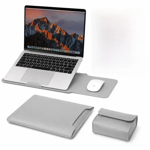 4 in 1 Grey Soft PU Leather Laptop Sleeve with Stand, Mouse Pad and Power Pouch - Lightweight Portable Case for 11 Inch Laptops