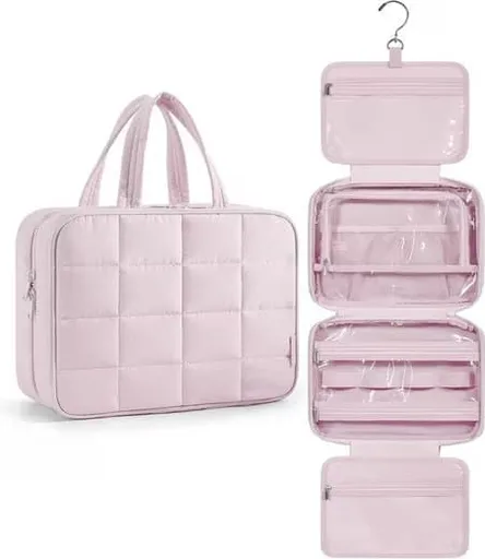 Hanging Travel Makeup Bag for Women with Jewelry Compartment, 31x12x23 cm, Pink