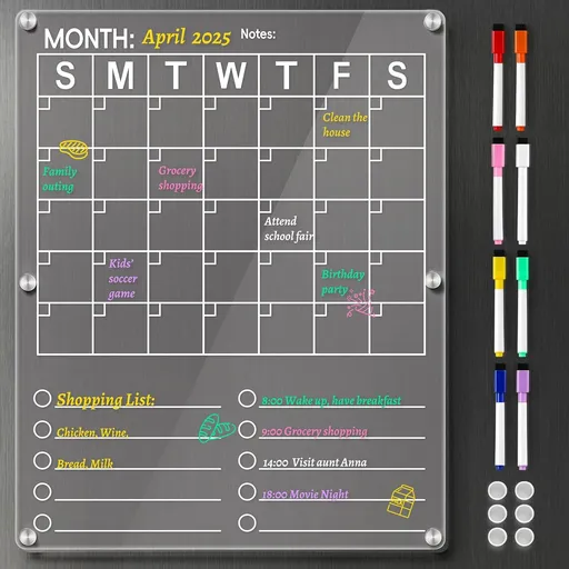 Large Acrylic Magnetic Calendar for Refrigerator, 2in1 Clear Fridge Calendar, Monthly Planning Board with to Do List, Businees Meetings/Grocery 8 Color Markers -14.5''*11.5'' -