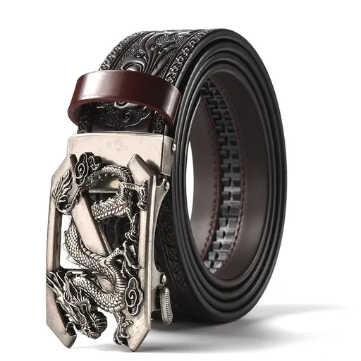 Brown 120CM Men's Genuine Cowhide Vintage Carved Belt with Sliver Dragon Design Automatic Sliding Buckle