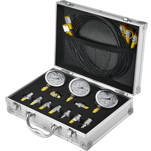 Hydraulic Pressure Test Kit, 250/400/600bar, 3 Gauges 9 Test Couplings 3 Test Hoses, Excavator Hydraulic Test Gauge Set with Portable Carrying Case for Excavator Tractors Construction Machinery