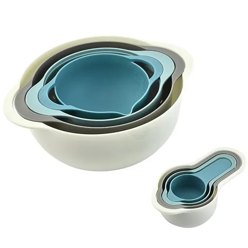 Plastic Nesting Bowls Set with 2 Mixing bowls,4 Measuring Cups,Sifter for Baking,RV Camping Accessories,8 Pieces