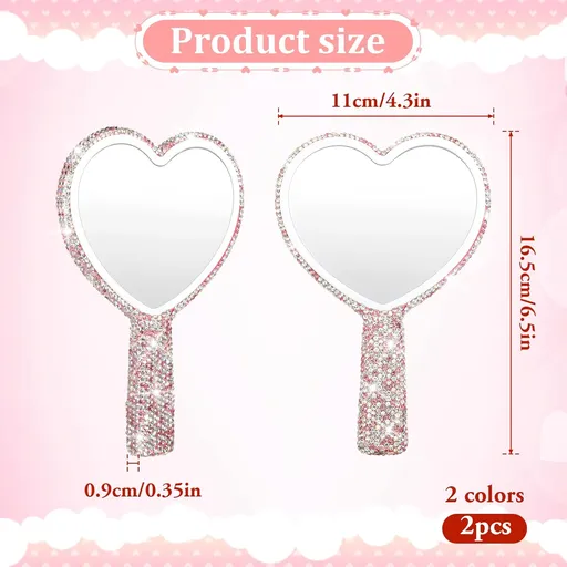 Vin Beauty 2 Pcs Rhinestone Heart Handheld Mirror White and Pink Bling Heart Shape Mirror Portable Cute Handheld Mirrors Travel Makeup Lash Mirrors for Eyelash Extensions Bride Wedding Decorative