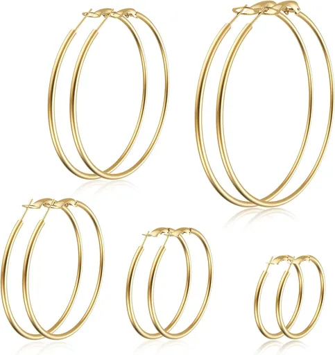 5 Pairs Gold Hoops Earrings for Women, Stainless Steel Large Gold Hoop, Fashion Classic Lightweight Women Earrings (30/40/50/60/70 MM)