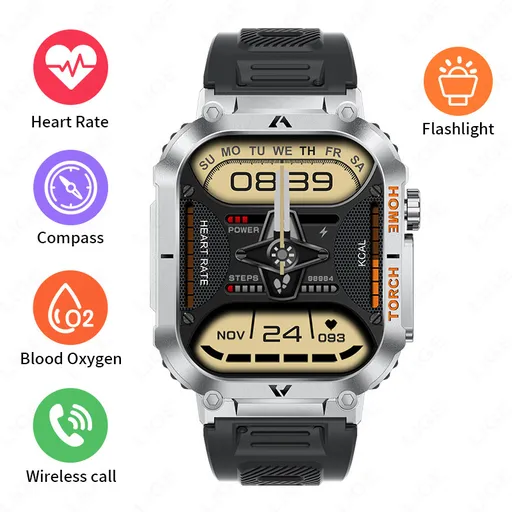 Smartwatch with Flashlight, Compass & Wireless Calling - Health & Fitness Tracker(Black silicone with silver case)