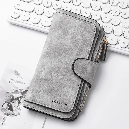 Grey Stylish Large-Capacity Women's Long Wallet – Vintage PU Leather Clutch with Zipper and Snap Closure