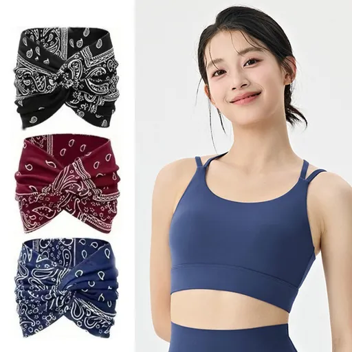 Outdoor sports combination-Blue XL Size thin shoulder straps Sports Bra with Adjustable Back Buckle and 3 Pack 18cm Boho Paisley Headband Set （Black and Red and Blue）- Breathable Fixed Cup Yoga Top and Wide Elastic Hair Band for Gym Running and Daily