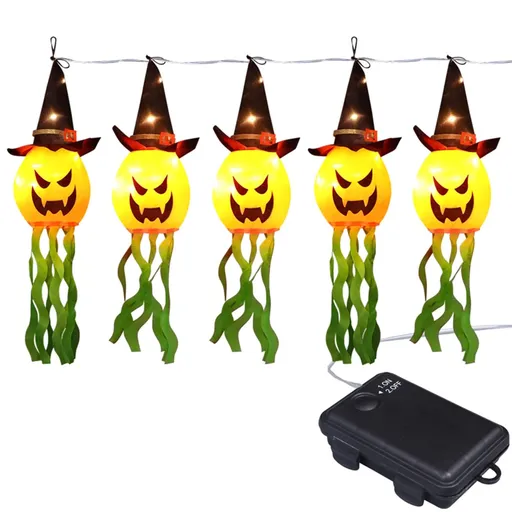Halloween Hanging Decorations Witch Pumpkin Windsock Flag with LED Lights for Indoor Outdoor Use (Orange 5Pcs, One Size)