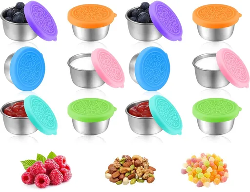 Mini Food Storage Containers - Stainless Steel Snack Box - Set of 12 Dressing Jars - Small Stainless Steel Sauce Container - Durable Snack Boxes - Freezer Containers - Dressing Container - Sauce Cups - 50ML Dressing Container With Silicone Lids - for