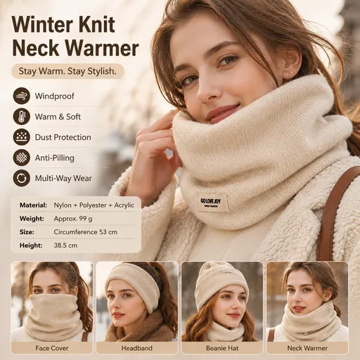 Beige Women's Knitted Neck Warmer Snood - Ear Loop Face Cover, Warm Anti-Pilling Wind and Dust Coverage for Outdoor Sports, Cycling and Travel