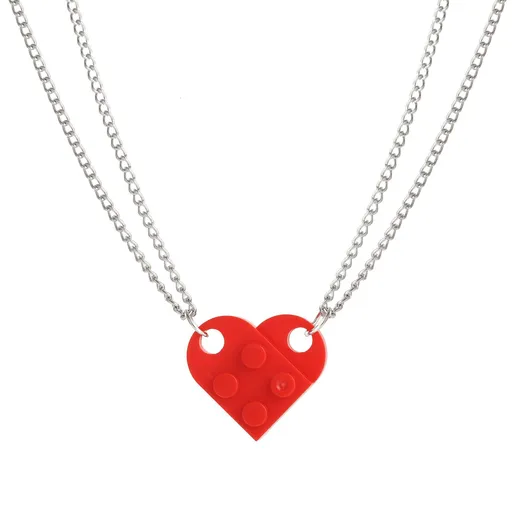 Couples Colorful Brick Heart Pendant Shaped Necklace for Friendship 2 Two Piece Keychain Puzzle Jewelry Set Made -3pcs