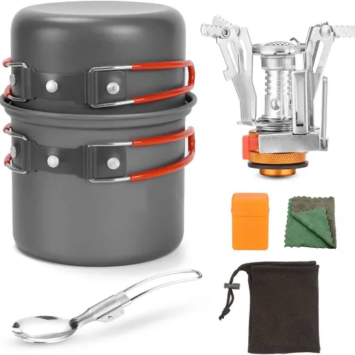 6pcs Camping Cookware Mess Kit with Lightweight Pot, Stove,Carry Mesh Bag, Great for Backpacking Outdoor Camping Hiking and Picnic