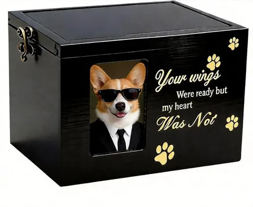 Pet Memorial Urns for Dog or Cat Ashes, Large Wooden Funeral Cremation Urns with Photo Frame, Keepsake Memory Box with Flannel Lining - Black - Size 16*11.2*11cm