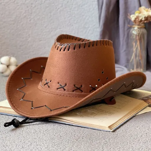 kids cowboy hat, western hat for children, sun protection hat kids, leather wide brim hat, boys girls party hat, outdoor hat Australia, performance hat kids, retro western accessories - Khaki - Size 3PCS Kid