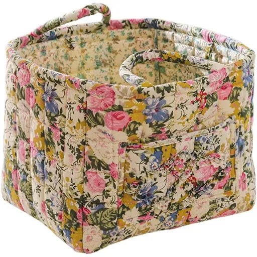 Floral Foldable Storage Basket Cotton Quilted with Handles, Car Storage Basket Portable Home Organizer Bag for Laundry Toy Organization