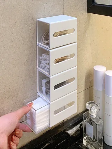 4Pc White Wall Mounted Swab Storage Box Transparent Clear Drawer Organizer For Bathroom Hair Accessories and Jewelries