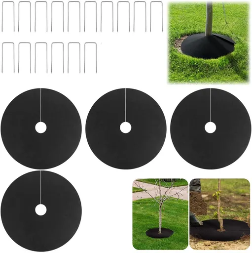 Non Woven Tree Ring, 24.4 inches Round Tree Base Weed Barrier Fabric Cover, Degradable and Reusable Tree Mulch Ring for Landscaping Weed Control, Root Protection Mat & Staples
